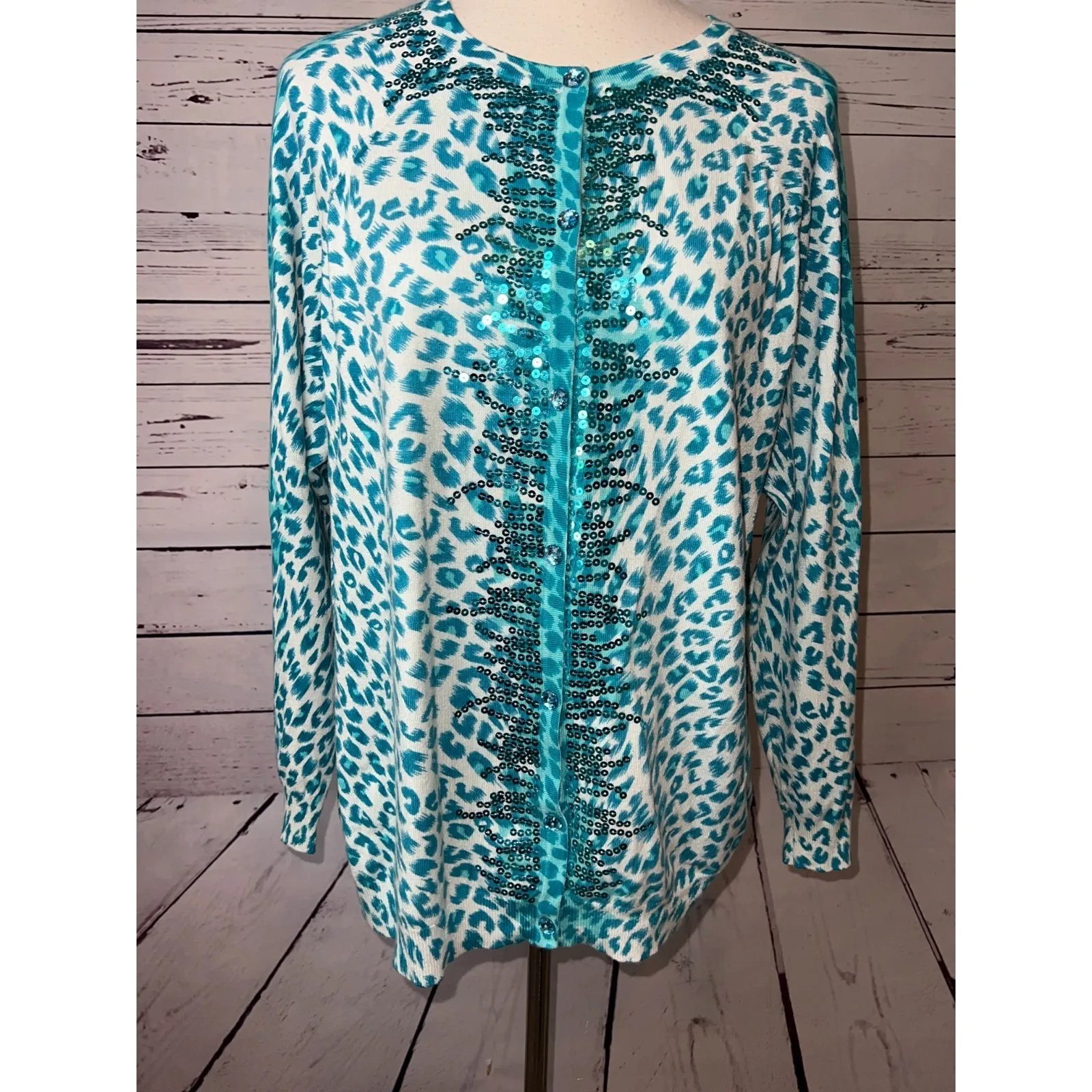 Quacker Factory Cardigan knit sweater leopard sequin Medium Rhinestone QVC - Image 5