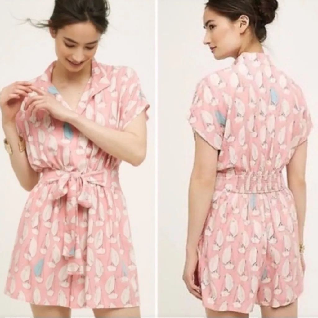 Maeve by Anthropologie Tourista Sailbot Anchor Belted Short Romper‎ Pink Size 6 - Image 4