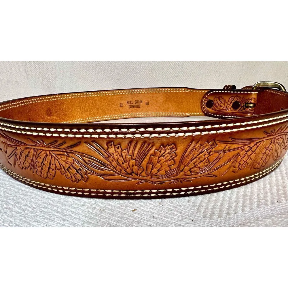 Vintage Western Tooled Leather Belt Pine Pattern& LINDA Across Middle Back Sz 32 Tan - Image 6