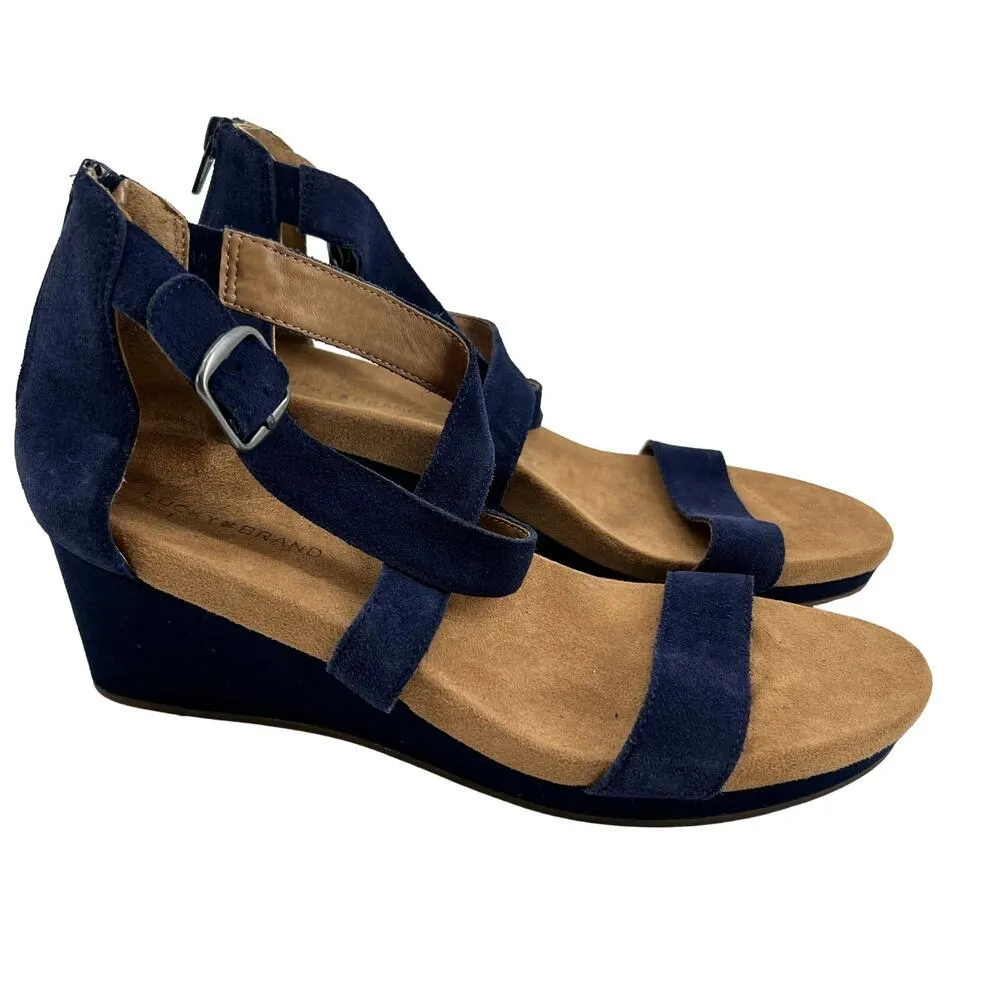 Lucky Brand Women's navy blue Kenadee Wedge open toe leather Sandal Size 9 - Image 2
