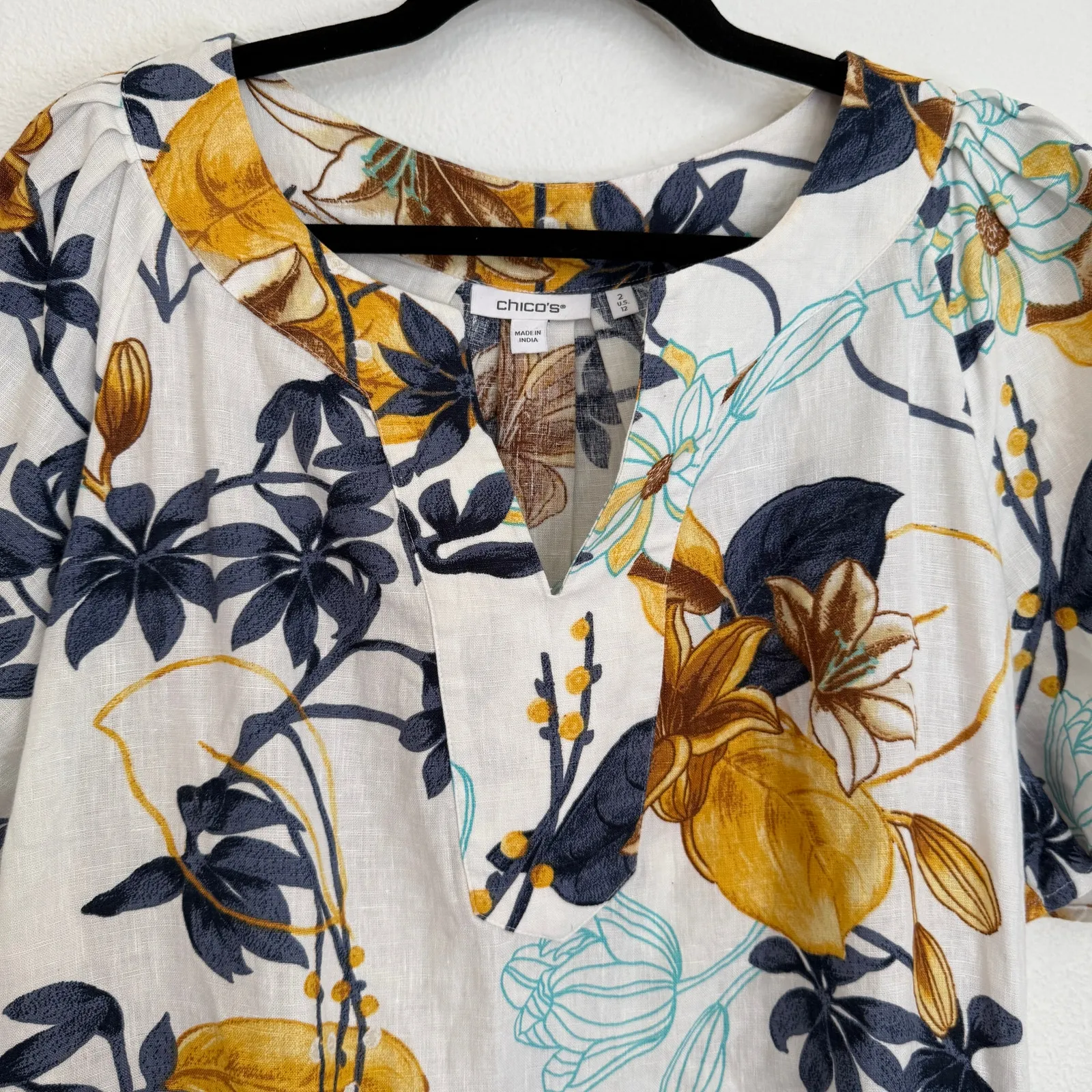 Chico's Sz L 100% Linen Mini Dress Vacation Beach Resort Blue Yellow Floral - Image 4