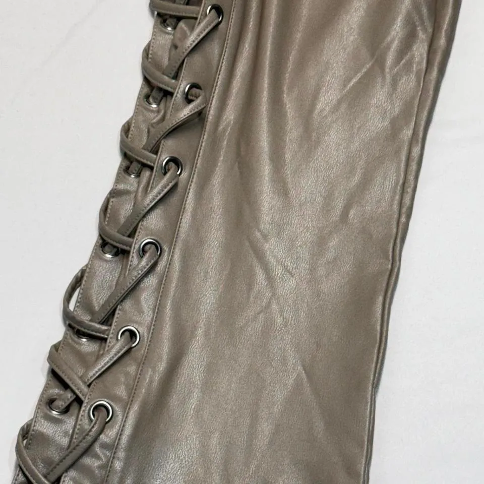 Y2K Lace Up Faux Leather Bootcut Pants Brown Moto Biker Festival NWT - Image 5