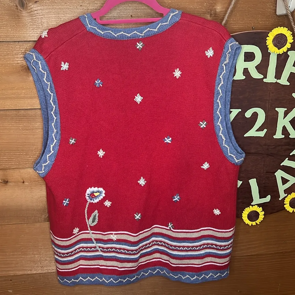 Vintage Koret Daisy flower Red Blue Knit Button Vest Stripe Cotton Cottagecore Size L - Image 2