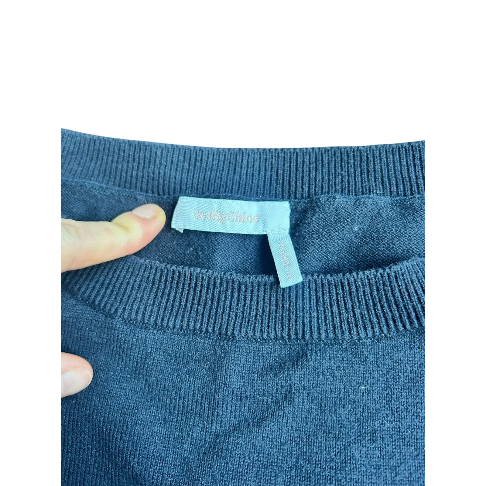 See By Chloe Dark Navy Lace Trim Ruffle Sleeve Crew Neck Sweater XS - Image 4