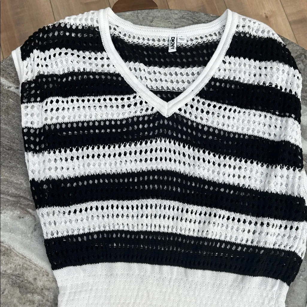 NWT DKNY Swimsuit Cover-Up Black & White Stripe Crochet V Neck Dress Sz L - Image 7