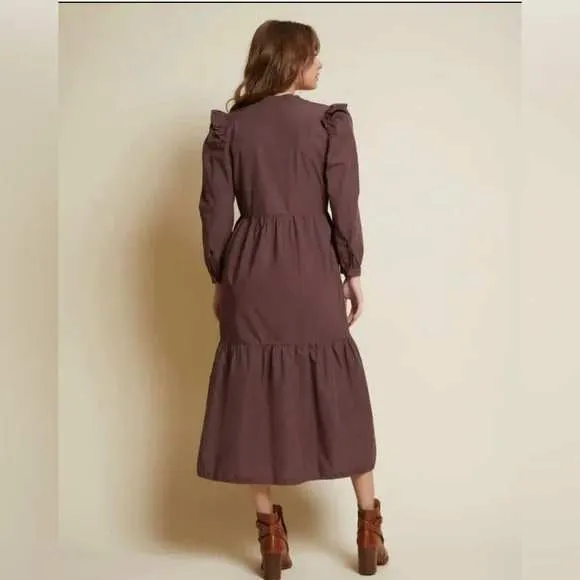 Nation LTD Brown Ruffle Tiered Maxi Dress M Boho Cottagecore V-Neck Button Front - Image 5