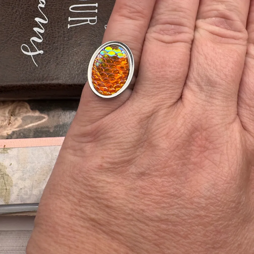 Handmade Adjustable Stainless Steel Ring Iridescent Mermaid Scale Oval Cabochon Orange - Image 5