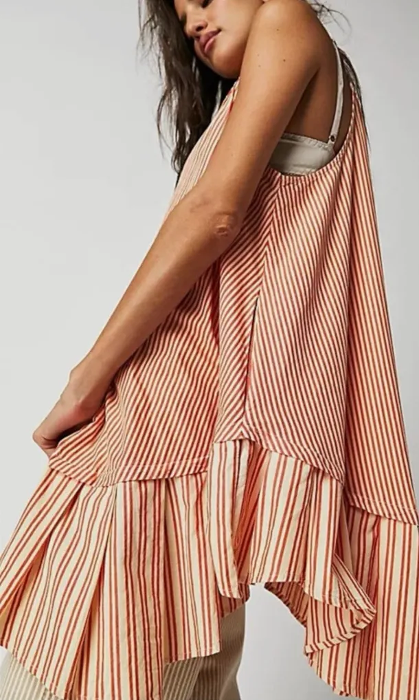 Free People Striped Ruffles Be Real Tunic Dress Rust Size Large Bohemian Preppy - Image 3