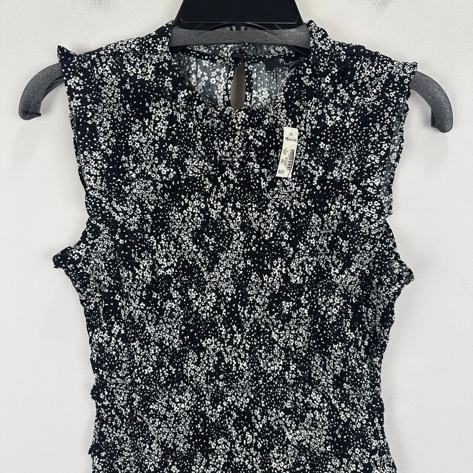 Madewell Smocked Crewneck Mini Dress Harper Floral Black White Cottage US 0 NWT - Image 8