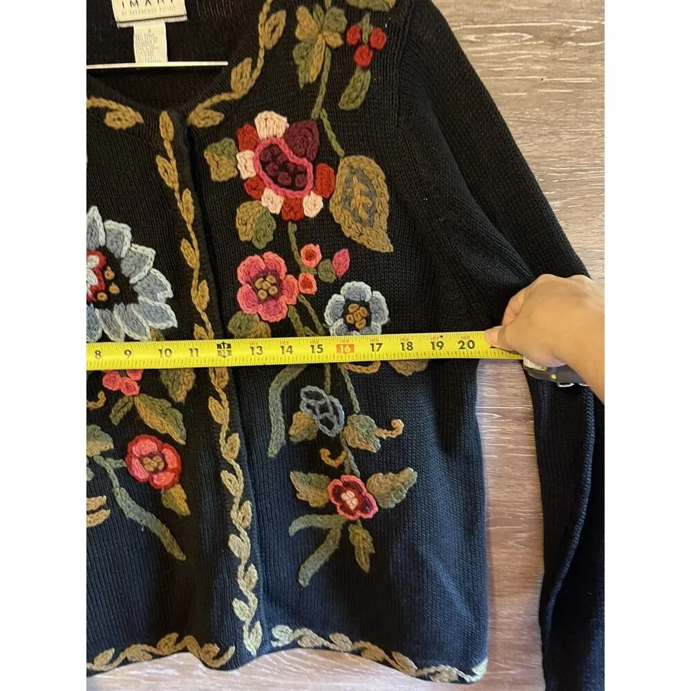 Vintage 80s Imari Granny Sweater Vest Womens M Black Crochet Flowers Boho Artsy Size M - Image 6