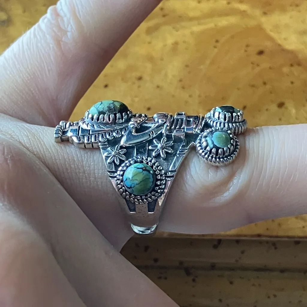 Real Turquoise Sterling Silver Kachina Doll Ring Size 6 Green - Image 3