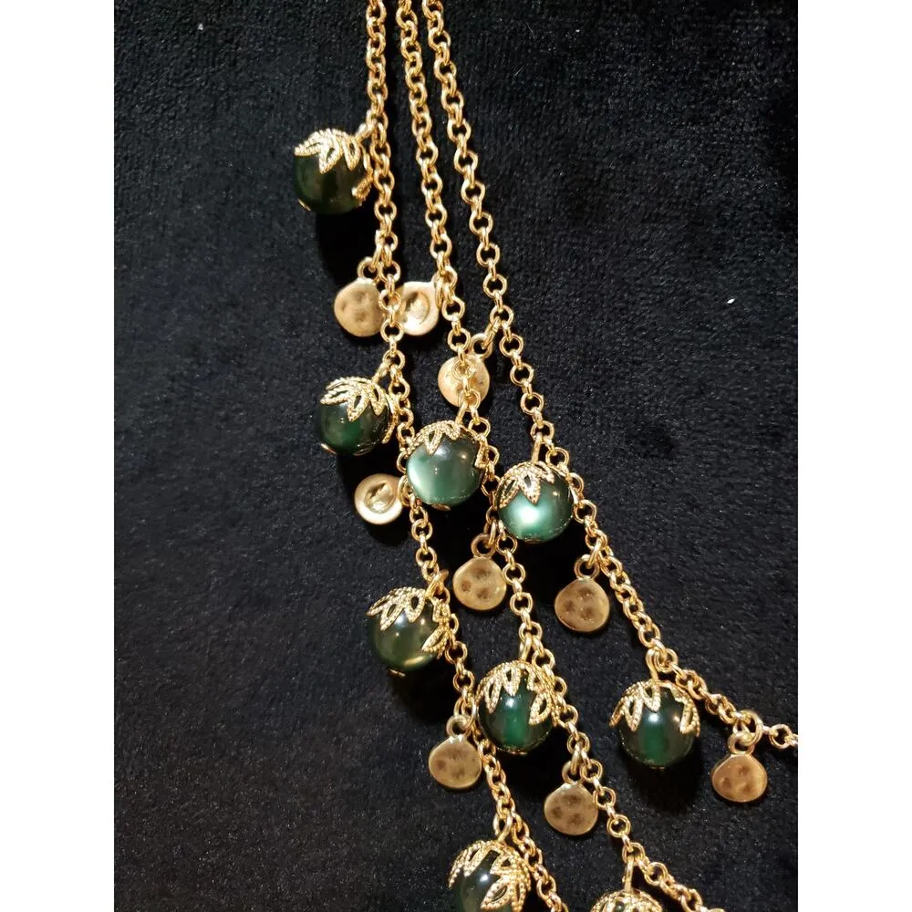 Women Gold Tone 3 Strand Olive Faux Pearls Coins Drop Statement Necklace Jewelry - Image 5
