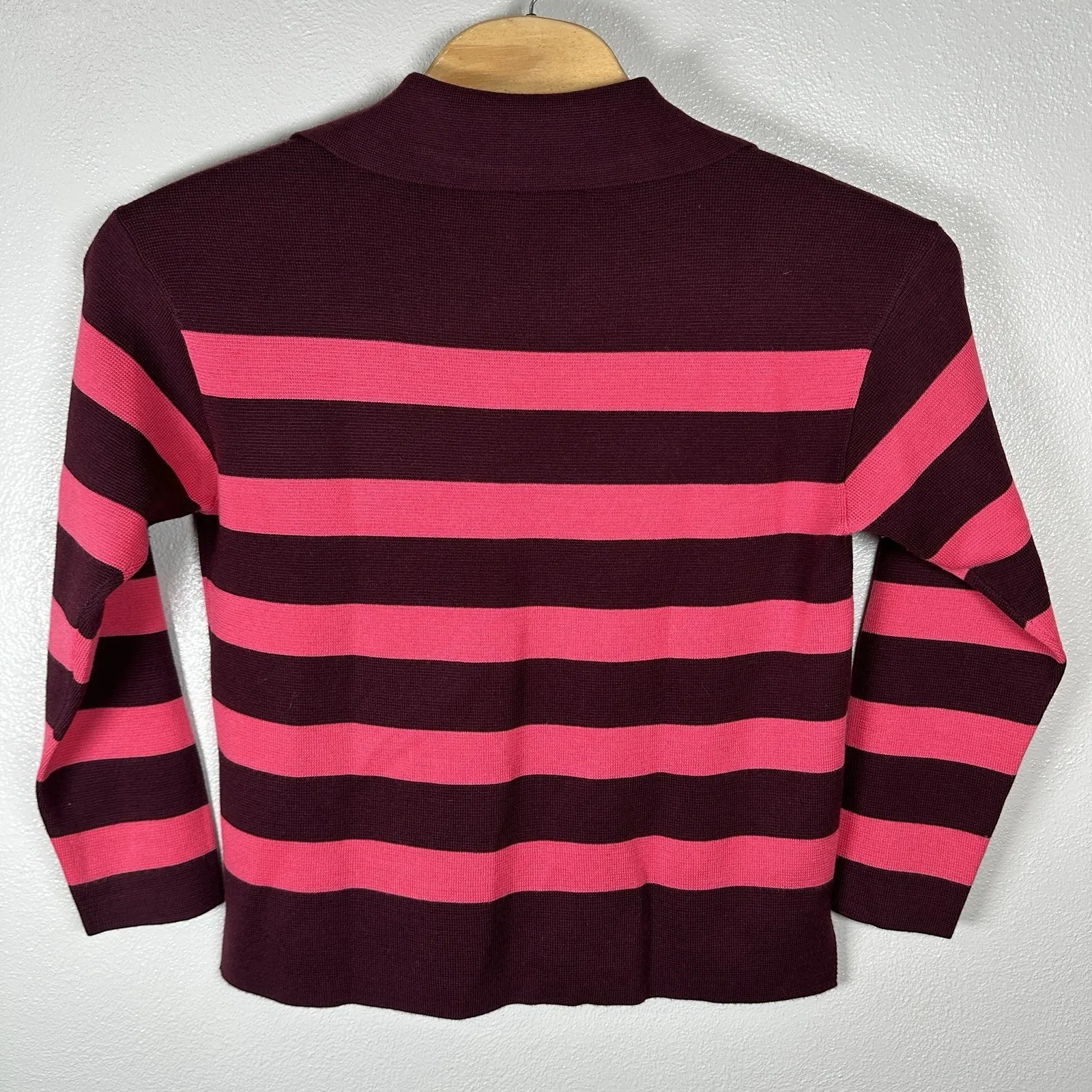 TALBOTS Wool Blend Johnny Collar Polo Pullover Sweater Large Maroon Pink Stripe - Image 4
