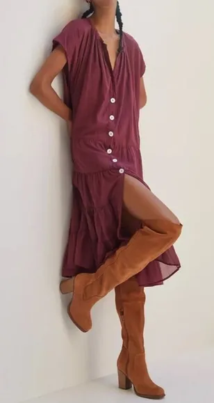 ERIKA PENA Tiered Button Down Midi Dress Burgundy OS Bohemian Red Size undefined - Image 1