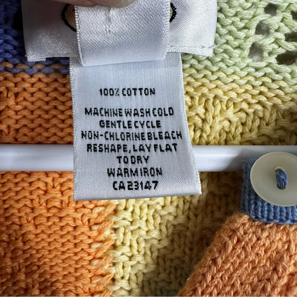 Vintage Talbots 100% Cotton Patchwork Knit Sweater Cardigan Womens L Made in USA - Image 5