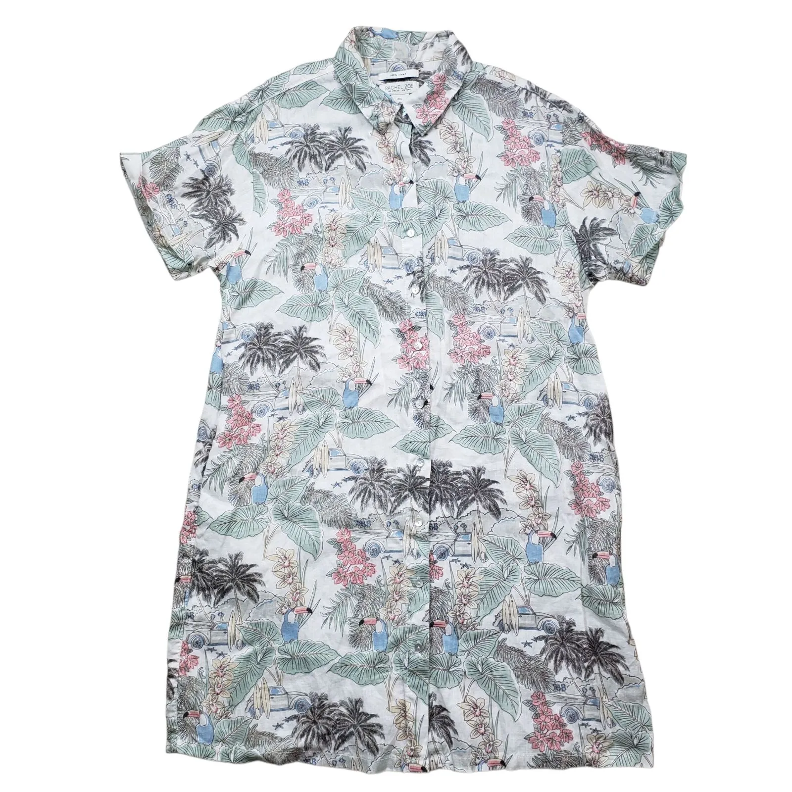 Rachel Zoe 100% Linen Mini Dress Womens Large Floral Button Front Tropical - Image 2