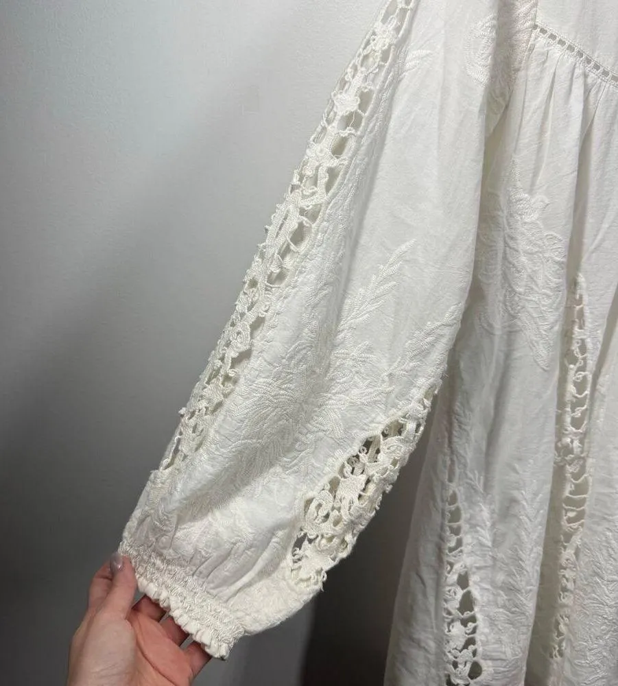 World Market Top Women S/M White Lace Embroidery Cotton Peasant Boho Blouse 70s Size M - Image 7