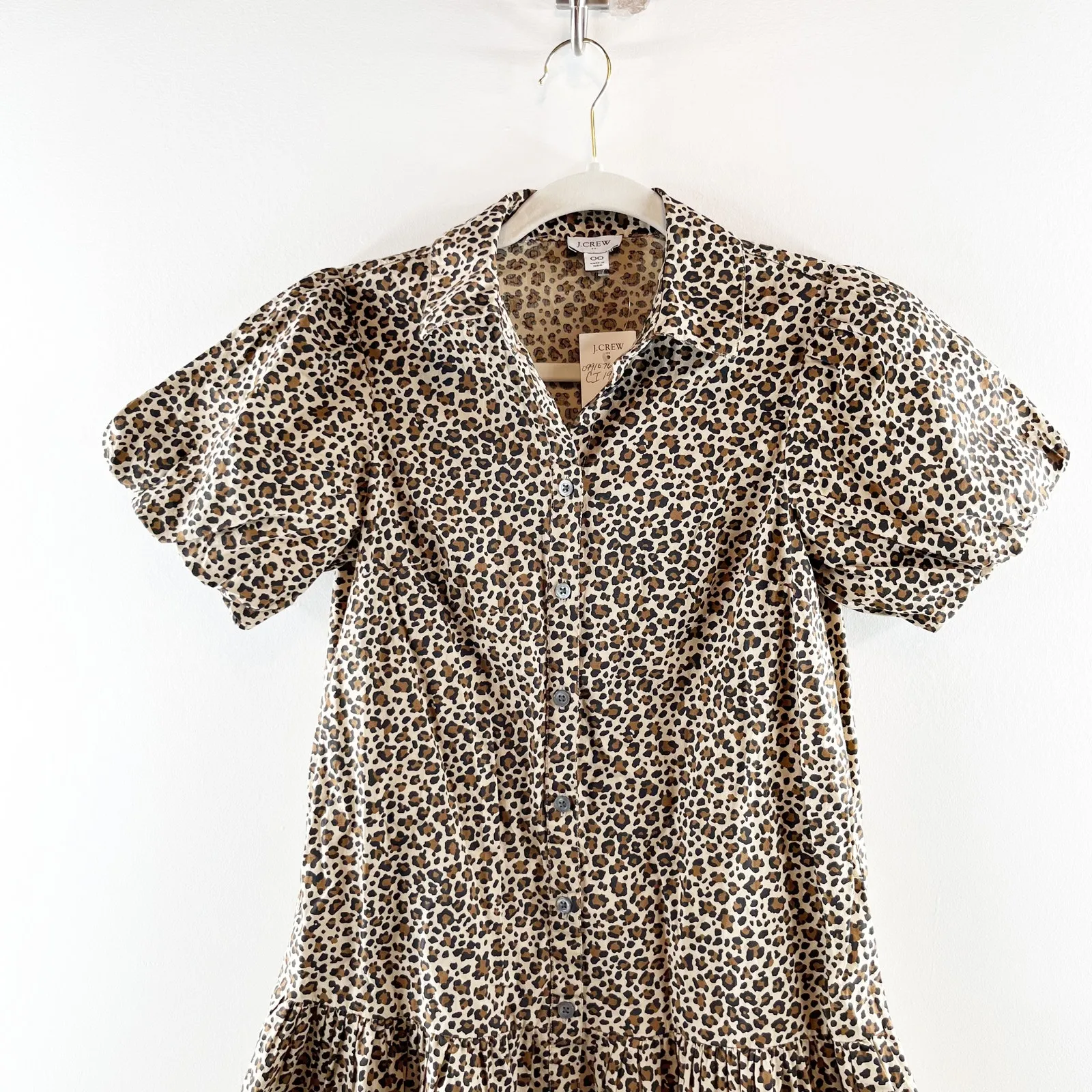 J. Crew Bubble Short Puff Sleeve Button Up Drop Waist Leopard Print Mini Dress - Image 3