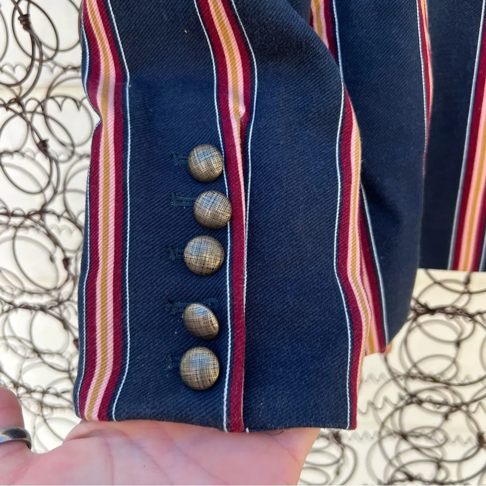 Chicos Striped Twill Ponte navy maroon gold tan stripe blazer Chicos size 0 - Image 9