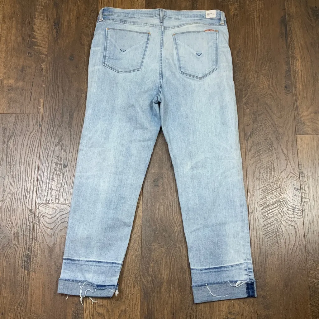 Hudson Midrise Crop Zoeey Straight Distressed Patch Light Wash Jeans - Image 9