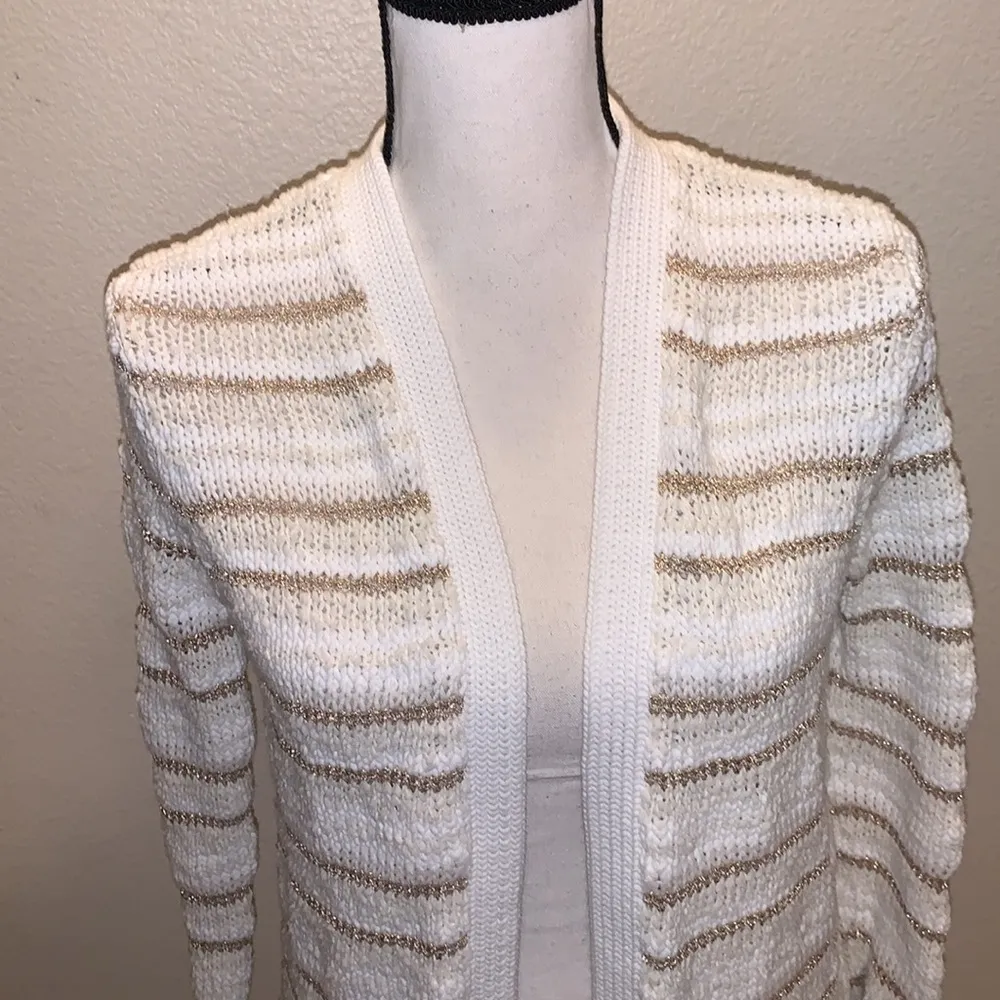Ann Taylor LOFT white striped knit open cardigan sweater - Image 3