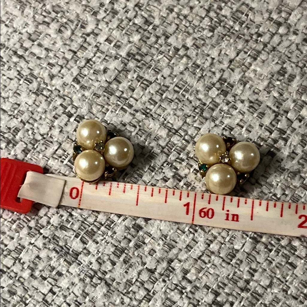 Vintage Faux Pearl and Gold Tone Stud Earrings with Gemstone Accents - Image 4