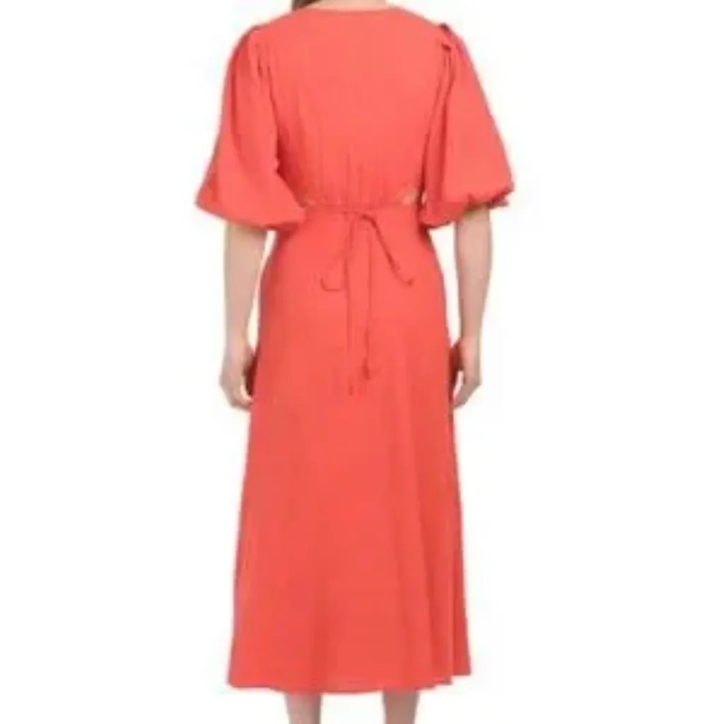 Young Fabulous & Broke High Tea Linen Blend Cut Out Puff Sleeve Midi Dress SMALL - Image 2