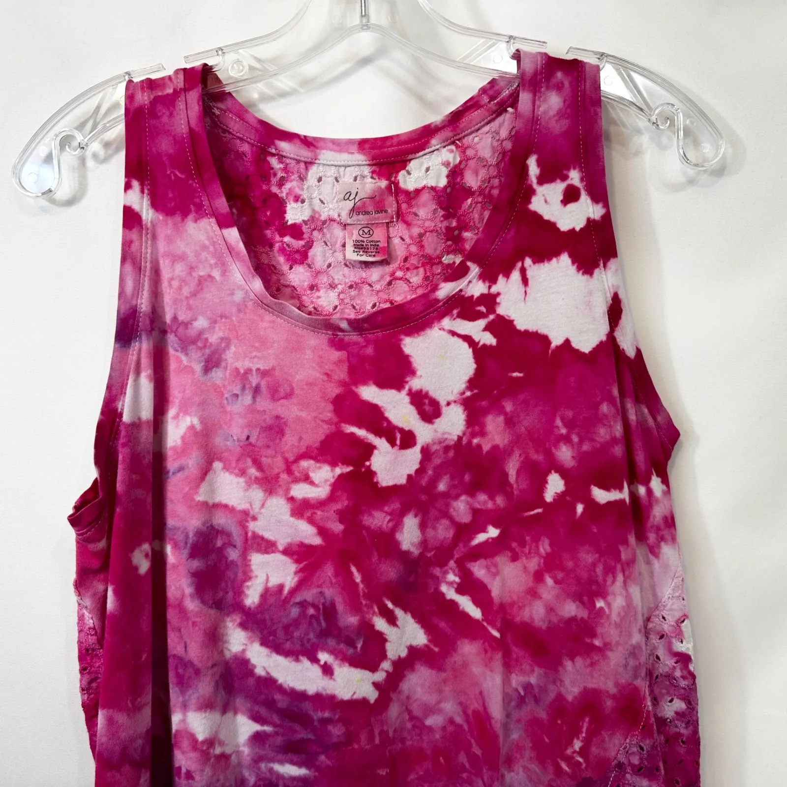 Andrea Jovine Medium Top Handmade‎ Pink Tie Dye Tank Eyelet Lace Hi Lo 1755 - Image 3