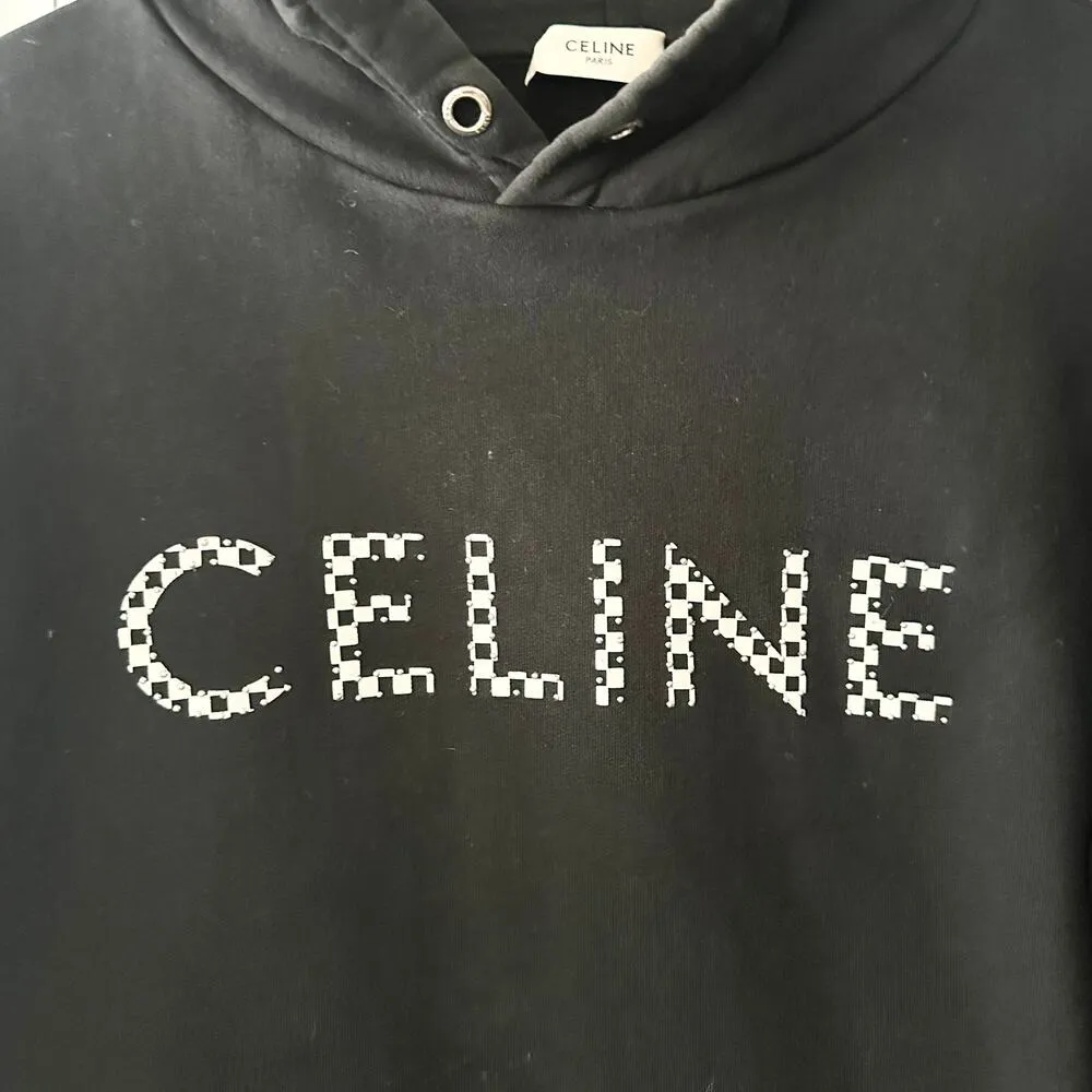 Celine Black Loose Oversized Checkered Studded Logo Drawstring Hoodie Small Read - Image 7