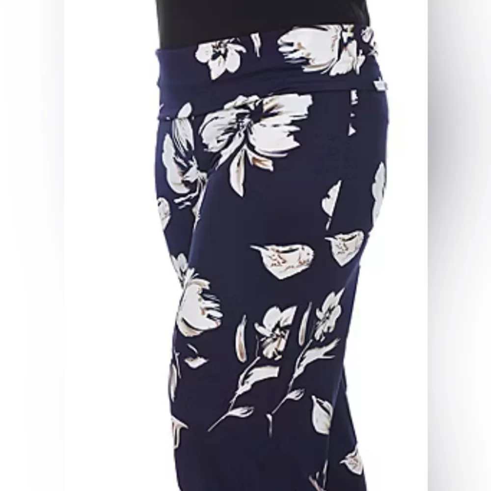 NEW White Mark Navy Ivory & Tan Flowers Mid Rise Wide Leg Palazzo Pants 3X - Image 3