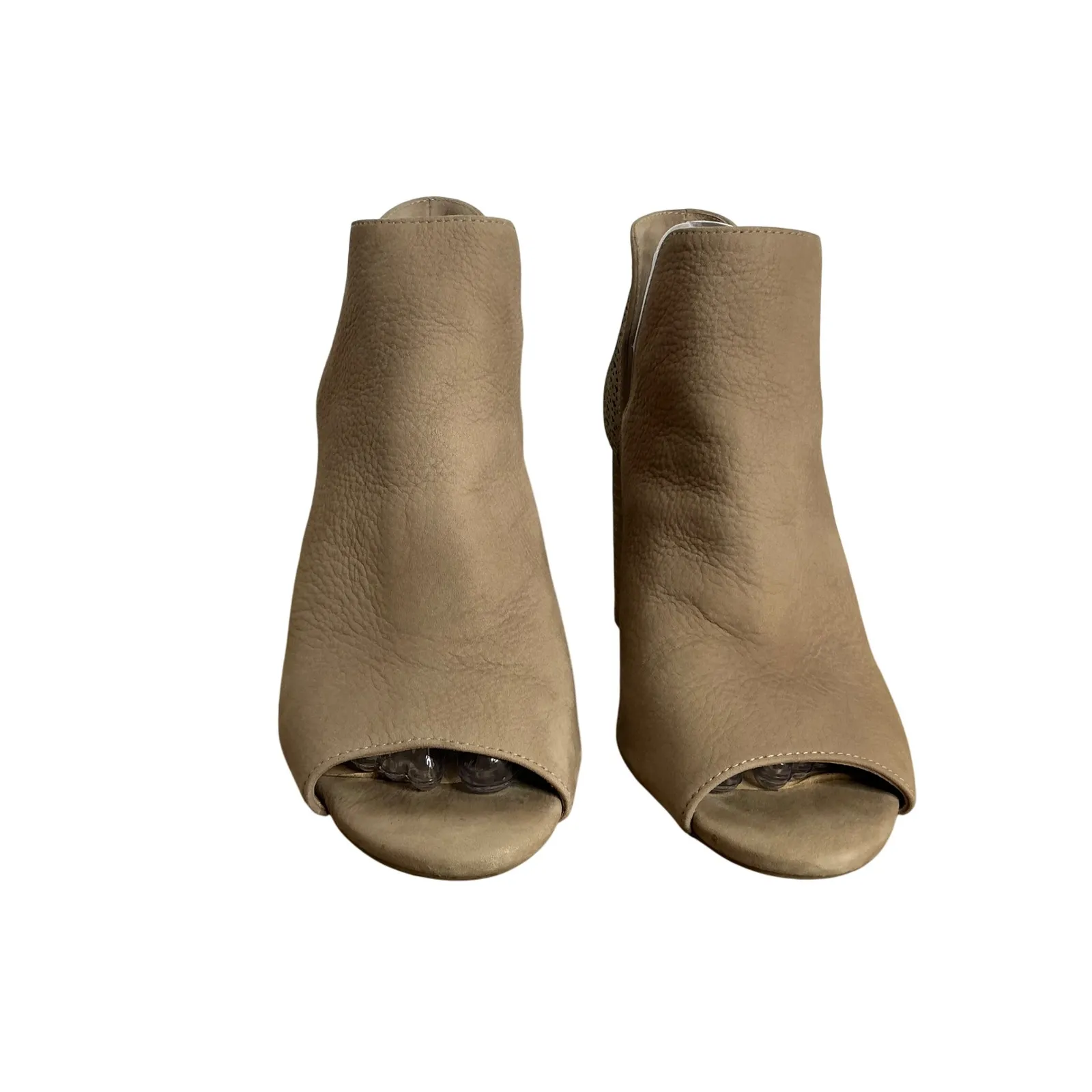 Antonio Melani Peep‎ Toe Booties 8.5M Taupe Nubuck Leather Block Heel Cutout - Image 5