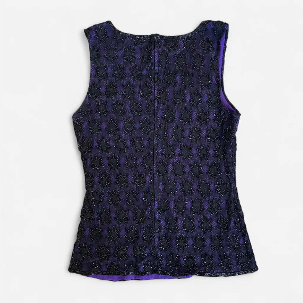 Vintage 90s Laurence Kazar Beaded Lace Netted Black Purple Tank Top Size Large - Image 4