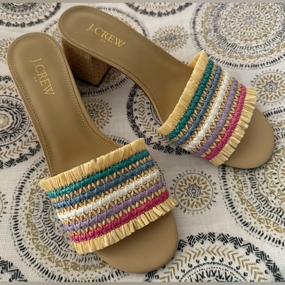 J Crew Womens Woven Mule Sandals Block Heel Rainbow Size 8 Raffia Summer Spring - Image 13