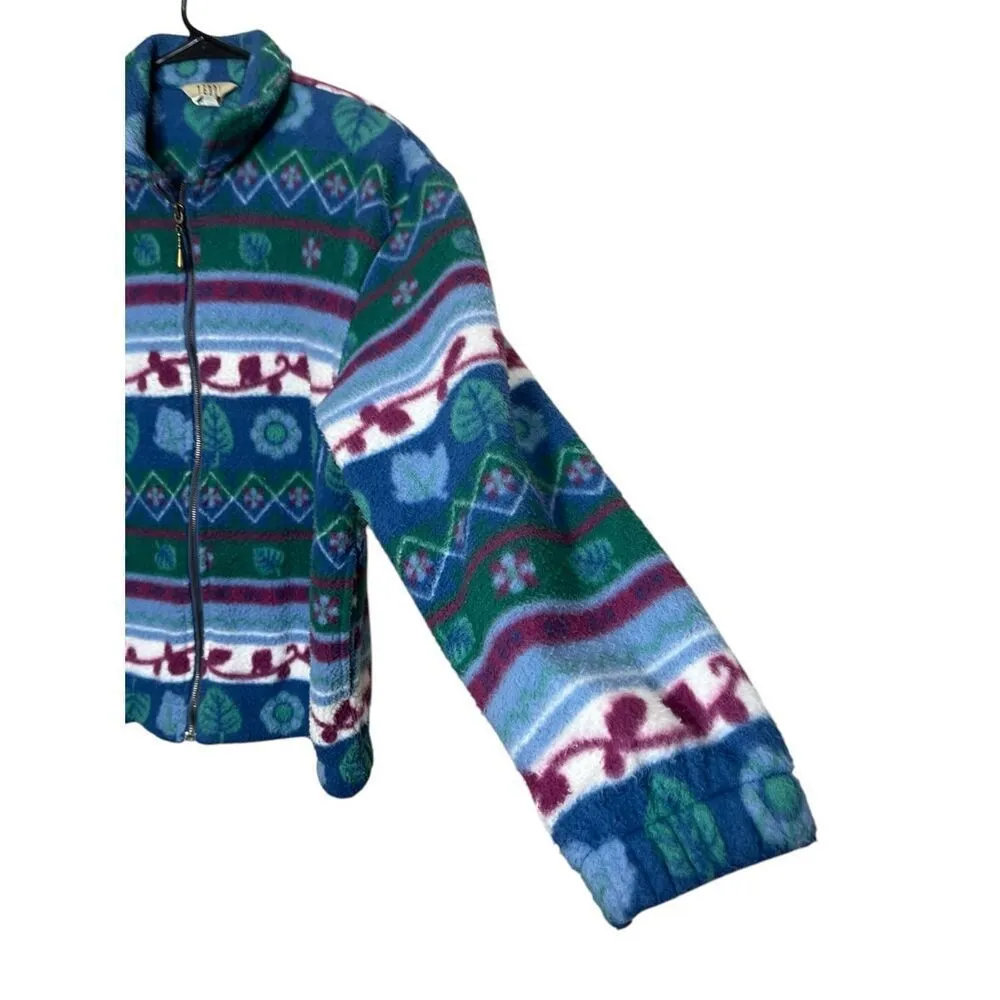 Vintage Teddi‎ 90s Plant Print Zip Up Fleece Jacket Size Large Petite Blue - Image 4