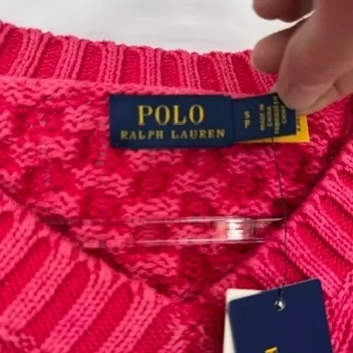 Polo Ralph Lauren Preppy Cropped Cable Knit Sweater Tie Sides Pink Size S NEW - Image 7