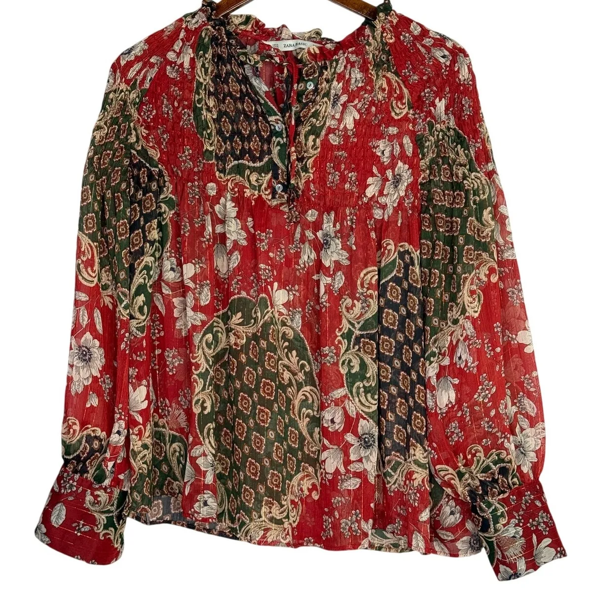 Zara Floral Sheer Long Sleeve Flowy Boho Blouse Smocked Ruffle Neck XL Red Green - Image 11