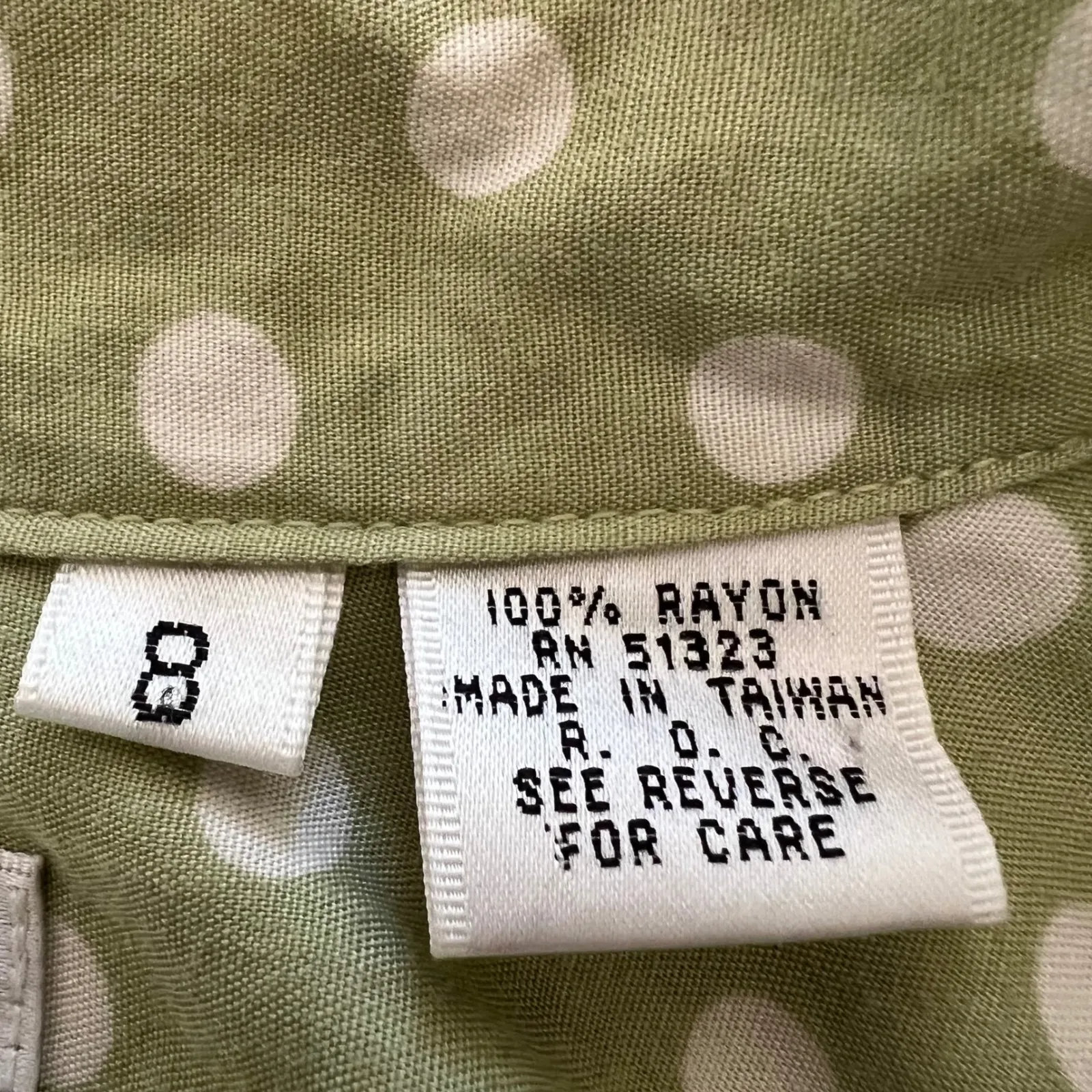 Vintage CHAU 80s Sage Green Polka Dot Rayon Button Top Midi Skirt Set Size 12 - Image 9