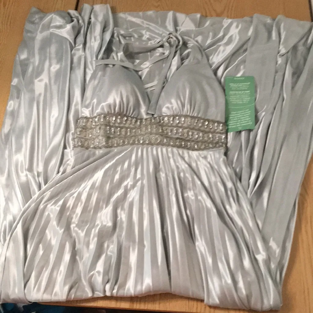 New My Michelle Formal or Prom Halter Beaded Dress Silky Satiny Pleated Medium - Image 2