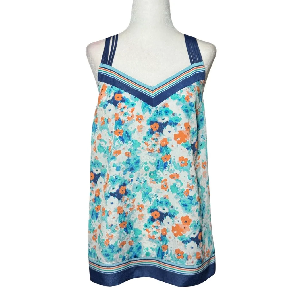 Lauren Conrad Floral Print Sleeveless Top Strappy Back Geometric Neckline Blue Orange - Image 4