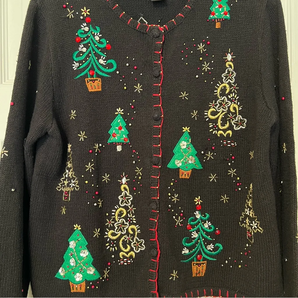 Designers Original Christmas sweater trees embroidered cardigan size MP Black - Image 5