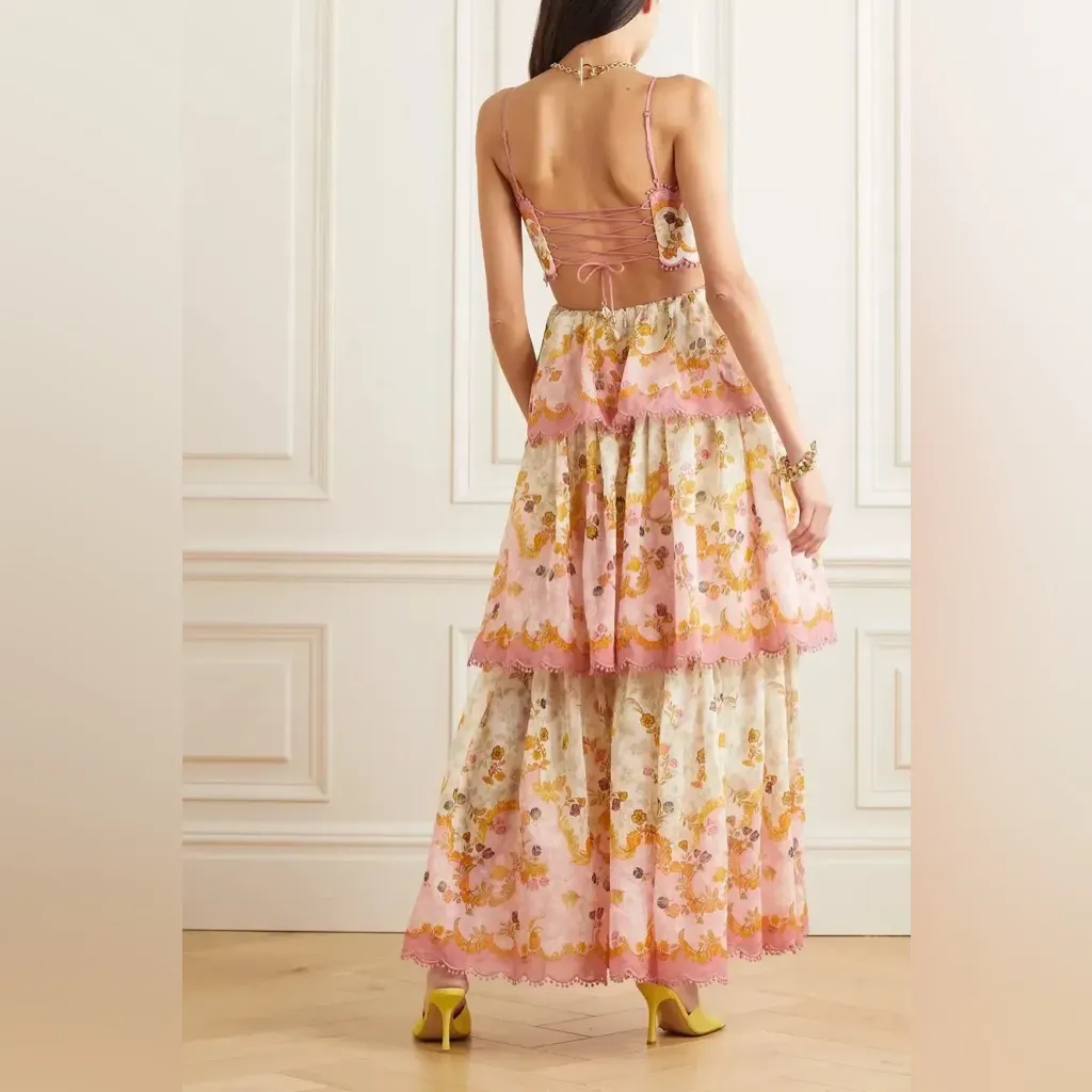 Laurel Frill midi dress tiered embroidered square neck open back formal maxi - Image 5