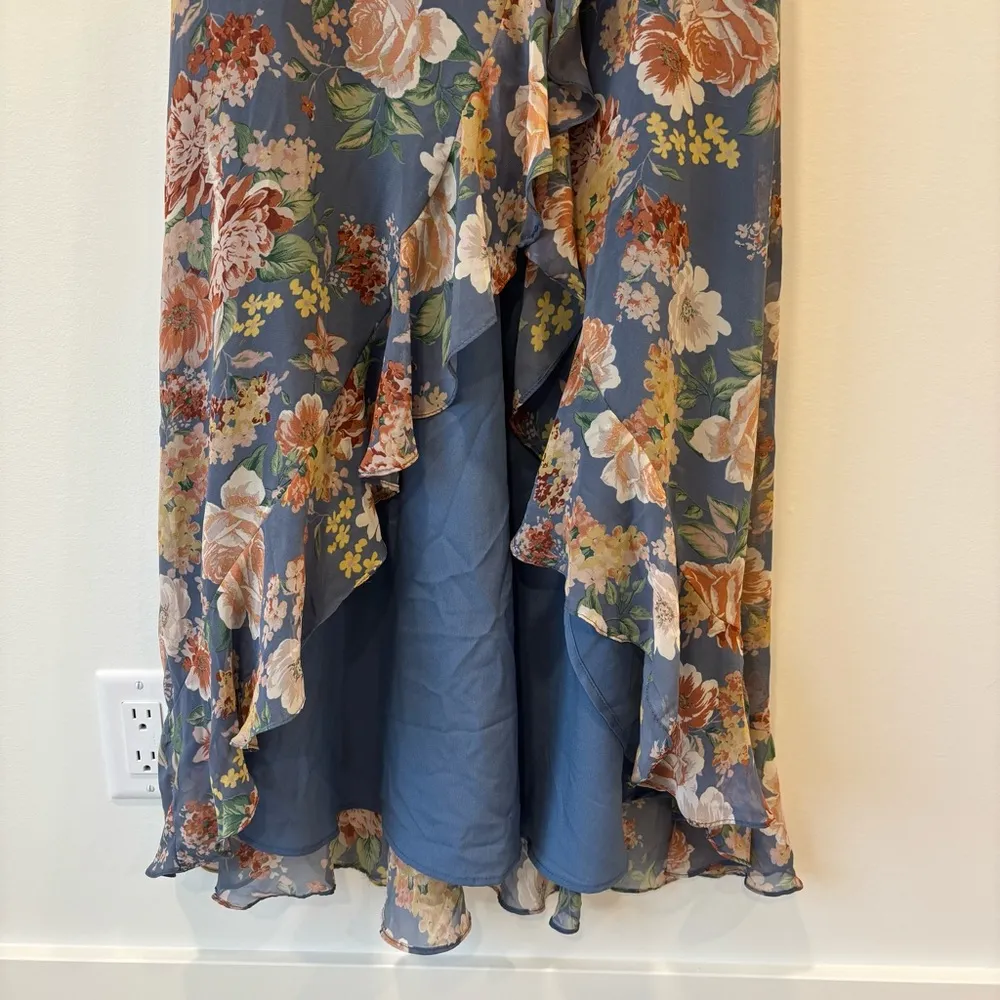 Dress Forum Los Angeles Blue Floral Midi Dress Slit Ruffle Formal Wedding Garden - Image 7