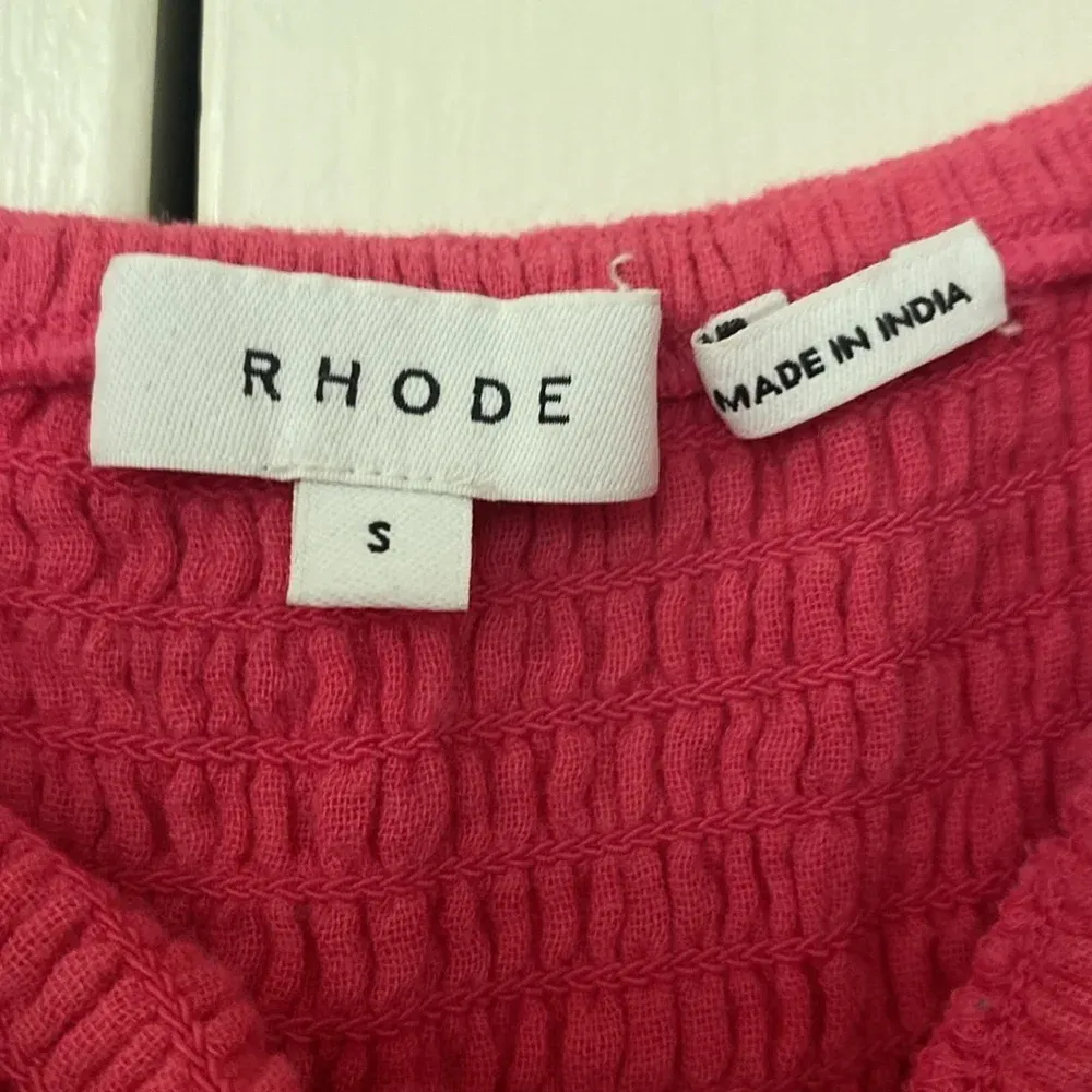 RHODE Harper Smocked Off Shoulder Puff Sleeve Hot Pink‎ Midi Dress Gauze Cotton Pink - Image 8