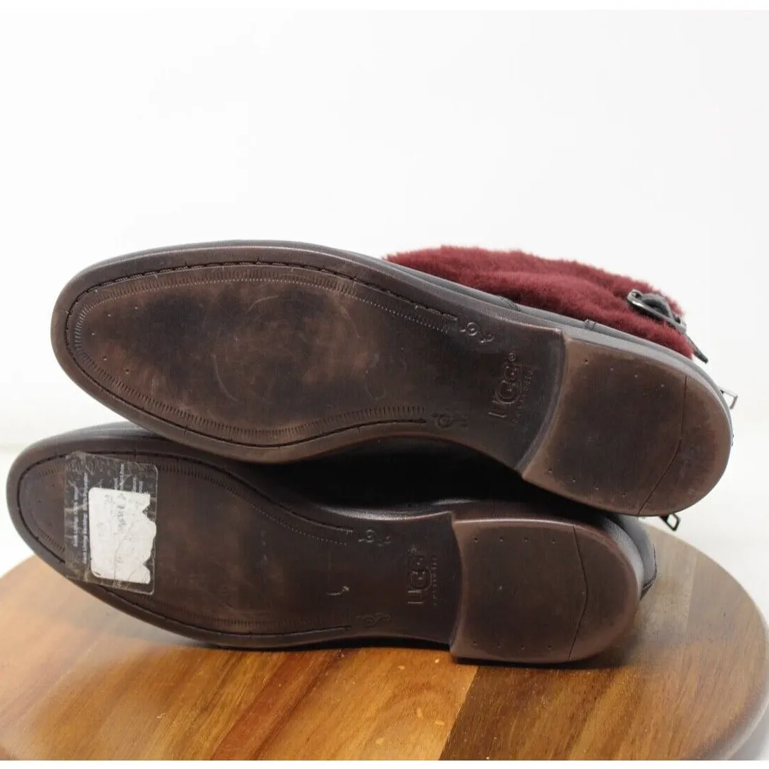 UGG Australia Women's Black Leather Burgundy Sheepskin Foldover Boots‎ Size 7.5 - Image 7
