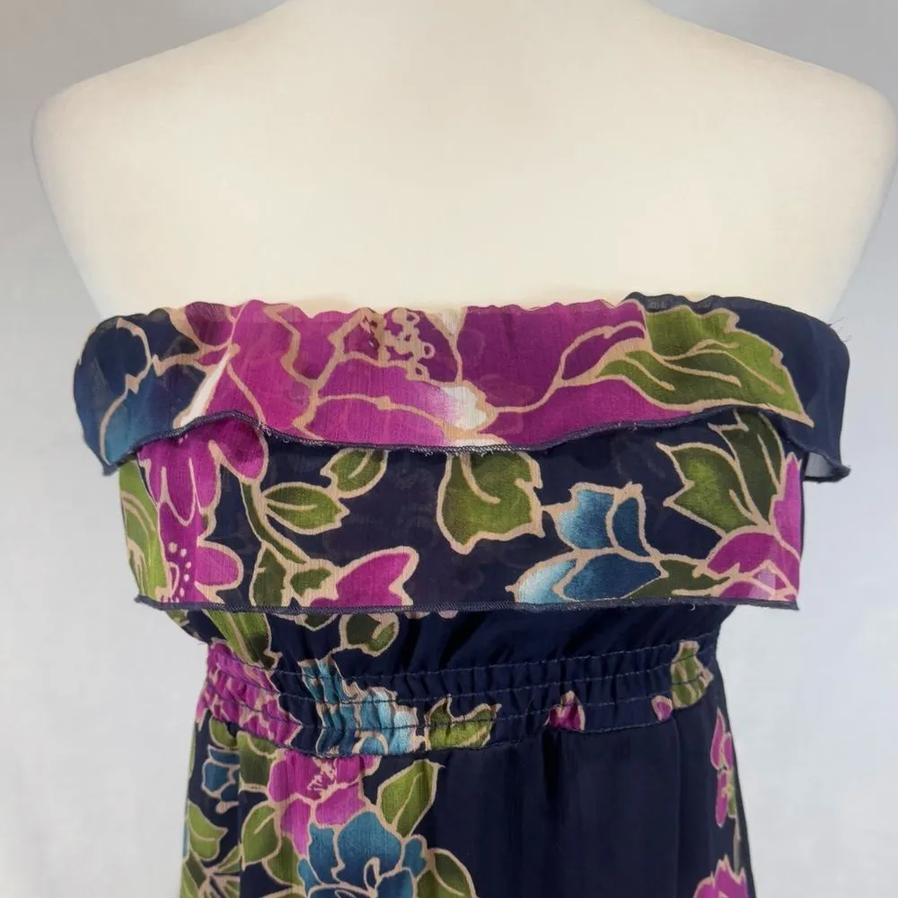 Beautiful navy blue and pink floral empire waist strapless maxi dress size small - Image 3