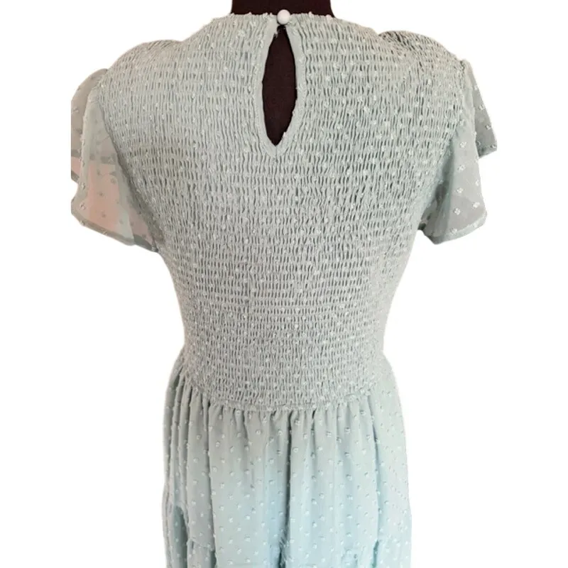 MEROKEETY Mint Green Smocked Bodice Tiered Midi Cottagecore Dress – Size Large - Image 5