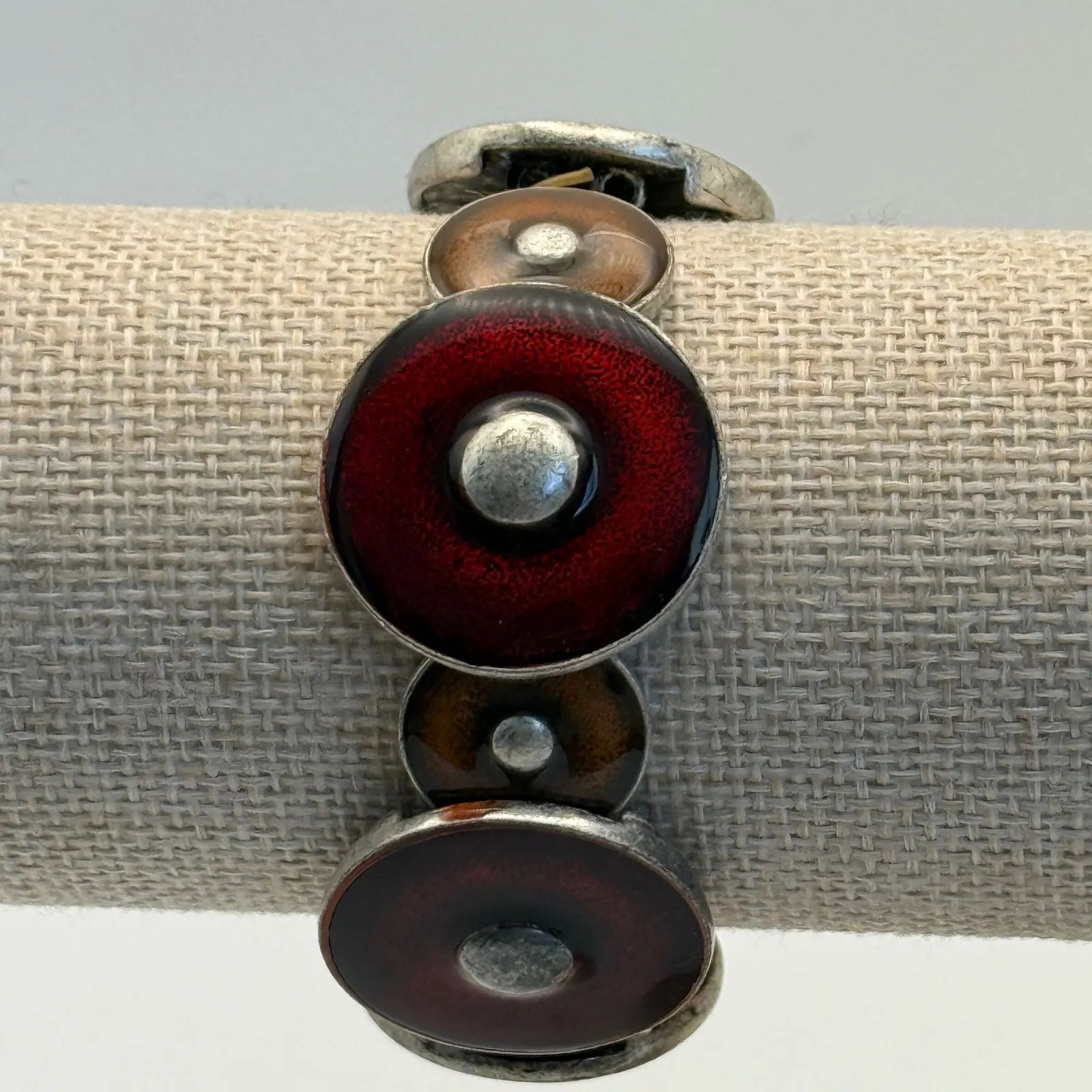 Silver Tone Red Brown Enamel‎ Geometric Stretch Bracelet Womens Jewelry - Image 5