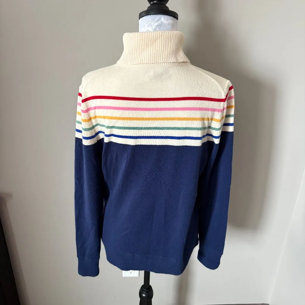 Lands End Cashmere Sweater Turtlenck Striped Blue Rainbow Medium Long Sleeve - Image 3