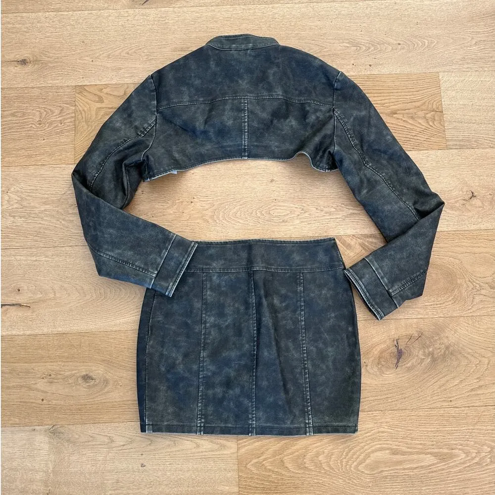 Superdown - Lupita Faux Leather Shrug top and Mini Skirt in Greenish Gray Black - Image 4