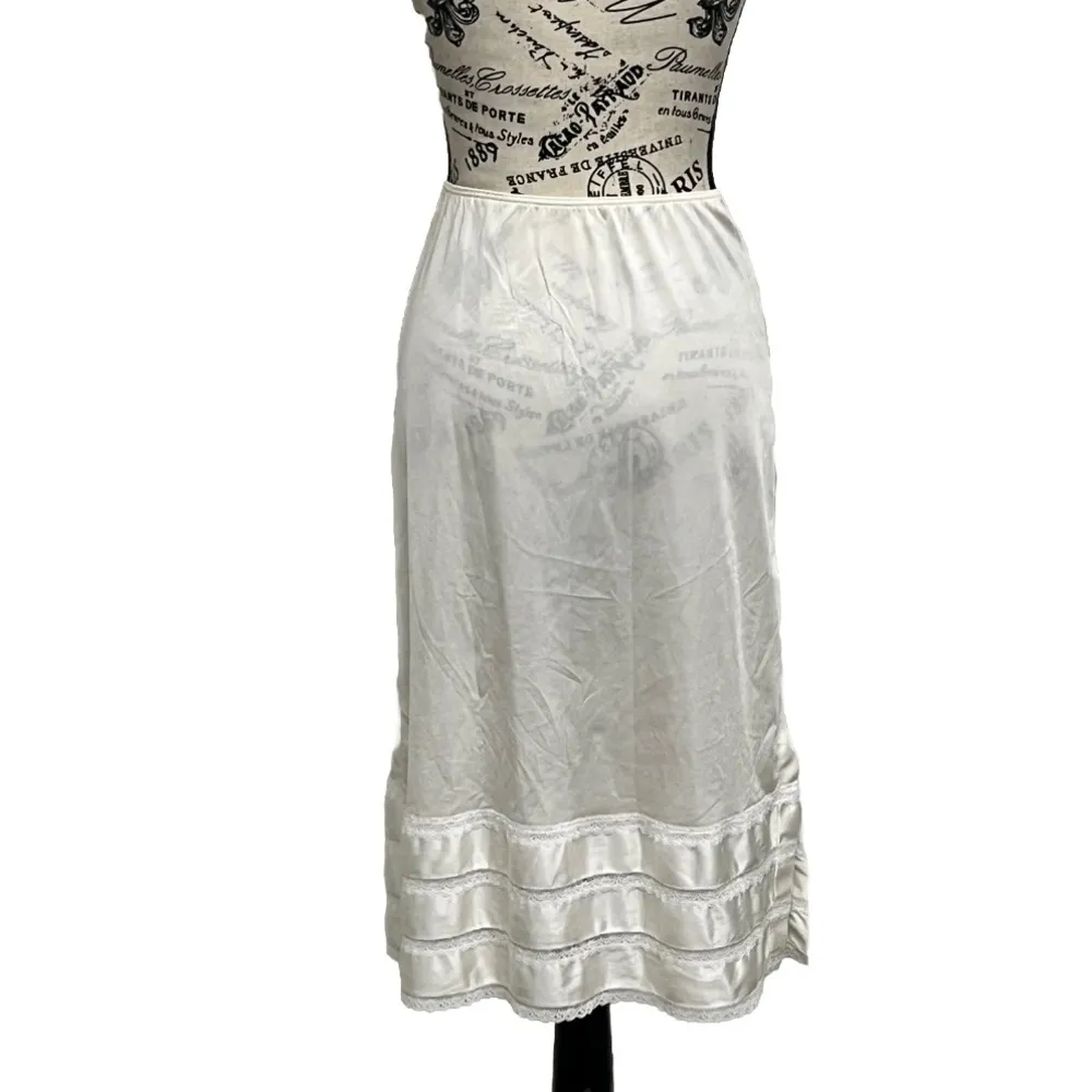 Vintage 80s Beige Nylon Lace Slip Skirt Midi Small Angelcore Coquette - Image 5